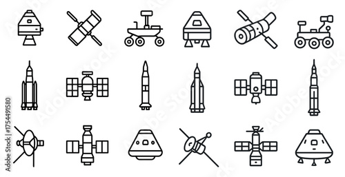 Space exploration line icons set – astronaut, satellite, cosmic symbols