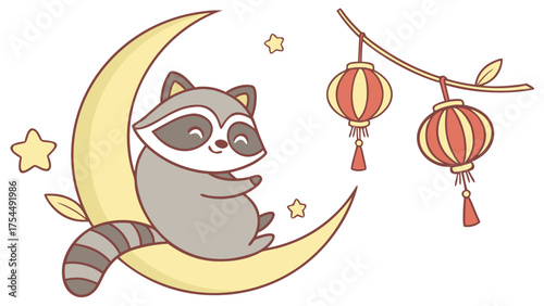 Cute Gentle Raccoon, accessorized with sitting on a moon, in a Lunar New Year / Chinese New Year world – Year of the Dragon (or relevant animal) palette vector