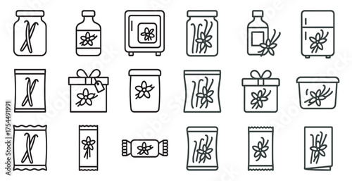 Vanilla extract line icons set – outline, spice, flavor enhancement symbols