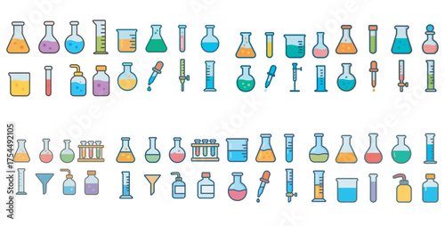 Chemistry lab equipment icons set – outline, linear, scientific and experiment symbols.