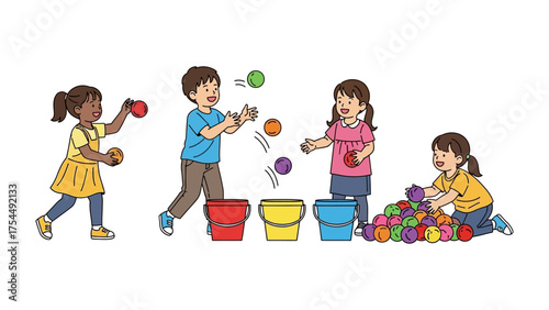 Playful Day at the Playground: Young children engaged in a vibrant outdoor playground scene, tossing colorful balls into buckets and showcasing the joy of group play.