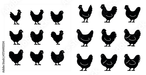 Farm animal silhouette icons set – solid, filled, chicken and rooster symbols