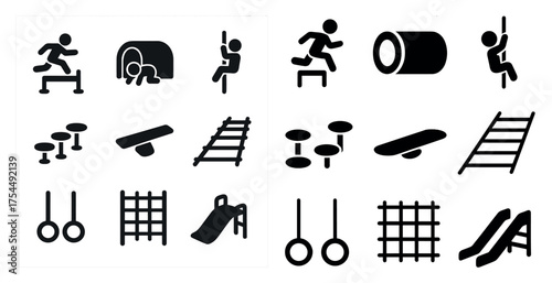 Outdoor playground silhouette icons set – solid, filled, recreation and fun symbols
