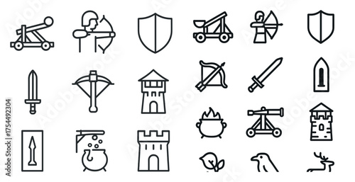 Medieval warfare icons set – outline, silhouette, medieval and battle symbols