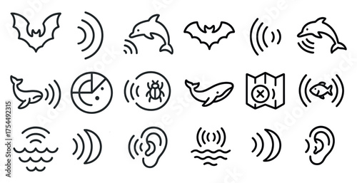 Sound and echo outline icons set – linear, auditory, sonar and wave symbols