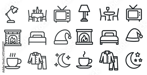 Home and leisure line icons set – furniture, decor, and cozy lifestyle symbols