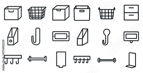 Home organization icons set – outline, linear, storage and filing symbols