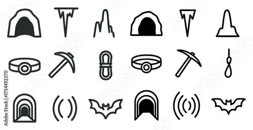 Cave exploration outline icons set – adventure, spelunking, hiking symbols