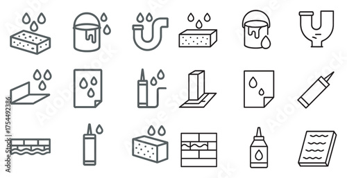 Plumbing and repair outline icons set – pipes, tools, water leak symbols