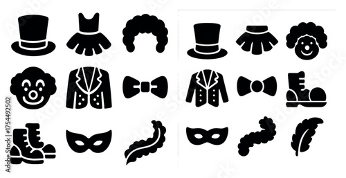 Circus and carnival silhouette icons set – solid, filled, festive and fun elements