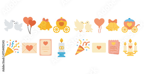 Wedding flat icons set – love, romance, celebration symbols and elements