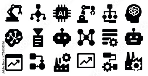 Artificial intelligence solid icons set – robotics, tech, ai graphics collection