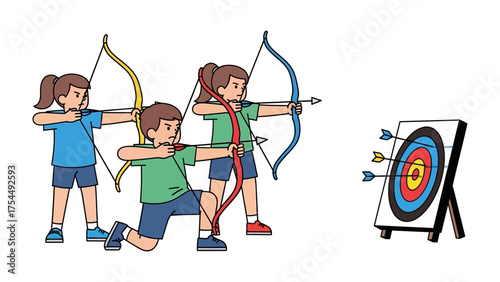 Archery in Action: Young archers take aim at a target, embodying focus, precision, and the thrill of the sport. Capturing the essence of competition and the pursuit of accuracy