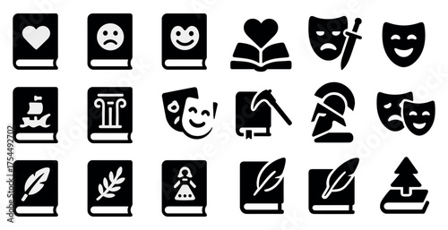 Theater and literature silhouette icons set – solid, filled, drama and book symbols