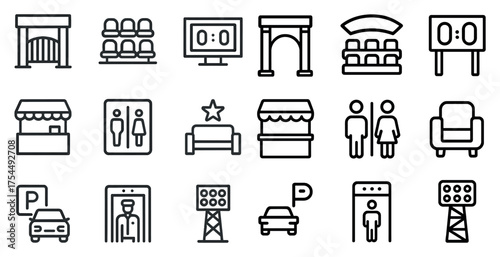 Event venue outline icons set – flat, linear, auditorium and seating symbols