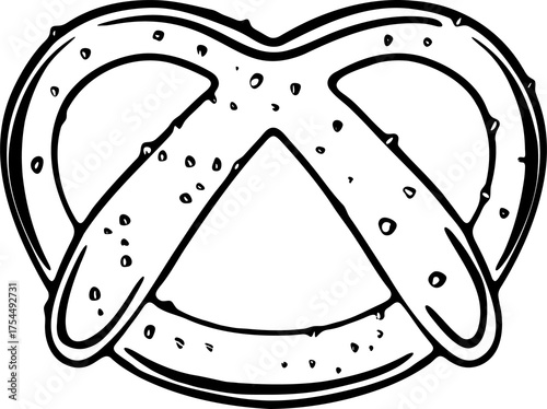 Hand-drawn pretzel cookie. Simple black and white festive sweet illustration, perfect for winter bakery themes or christmas decor.