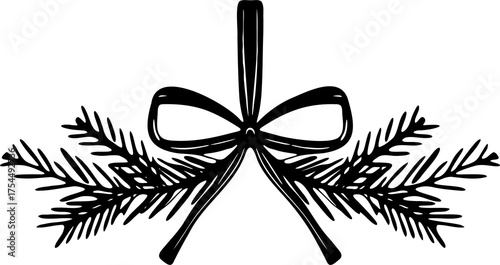 Hand-drawn pine branch with ribbon bow. Festive line illustration perfect for cards, decor, wrapping, and christmas design.