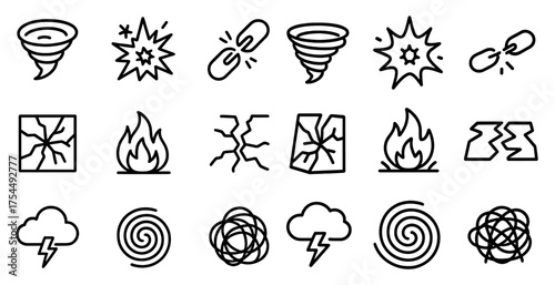Disaster and emergency outline icons set – crisis, hazard, safety elements