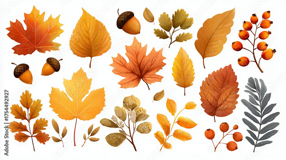 Obraz premium Autumn leaves set. Fall maple, oak, chestnut leaves, berries, acorn, forest foliage.