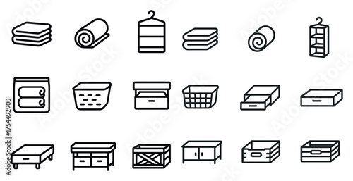 Laundry and storage icons set – line, outline, organization and cleaning symbols