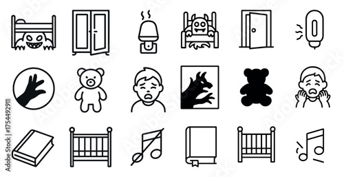 Childhood fears icons set – outline, linear, anxiety and night terrors symbols