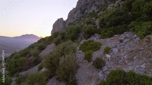 Majestic Evening Landscape with Drone View of Mountains, Setting Sun, and Serpentine Path