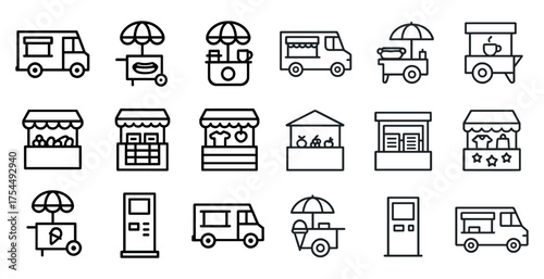 Marketplace and vendor line icons set – outline, silhouette, shopping and retail symbols