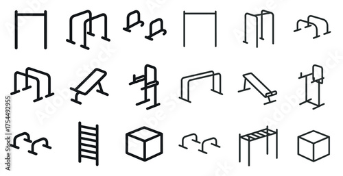 Fitness and gym line icons set – outline, workout, exercise equipment symbols
