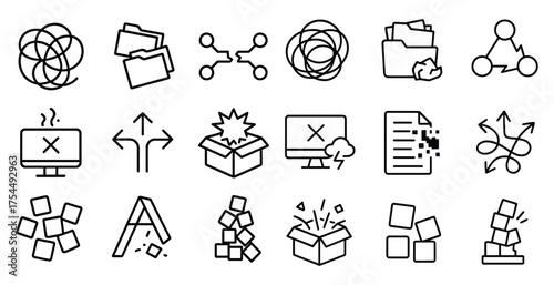 Data management outline icons set – line, analytics, organization symbols