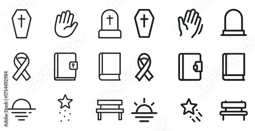Memorial and remembrance icons set - outline, linear, tribute and legacy symbols