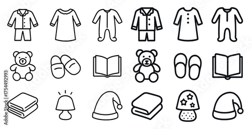 Bedtime and sleepwear outline icons set – linear, silhouette, cozy and night symbols