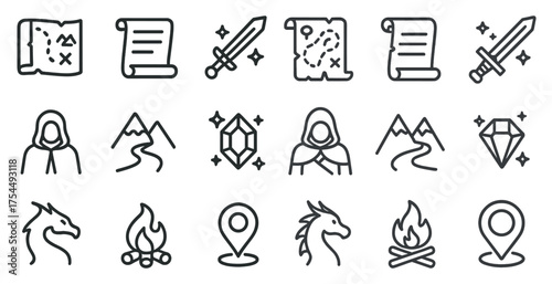 Fantasy adventure icons set – outline, linear, rpg and quest symbols