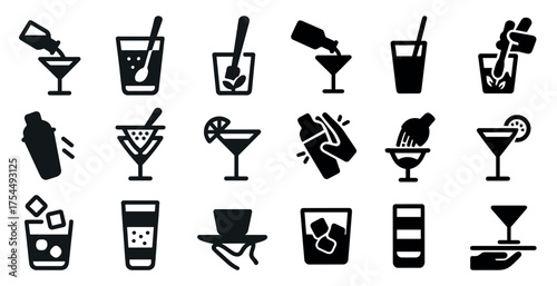 Drink and cocktail solid icons set – silhouette, filled, beverage and mixology symbols