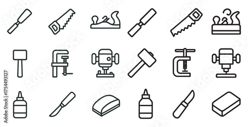 Carpentry and woodwork line icons set – outline, tools, crafting symbols collection
