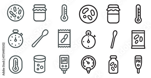 Microbiology line icons set – outline, science, laboratory and research symbols