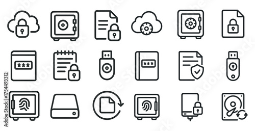 Cybersecurity and data protection icons set – outline, storage, security symbols