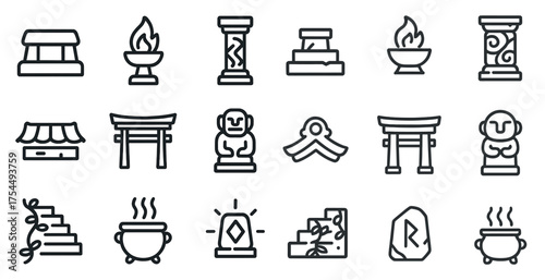 Ancient monuments outline icons set – linear, historical, cultural heritage symbols
