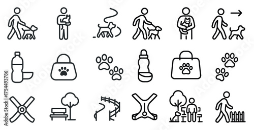 Pet care outline icons set – grooming, animal welfare, and pet accessories