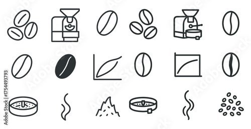 Coffee brewing line icons set – outline, linear, coffee beans and cafe symbols