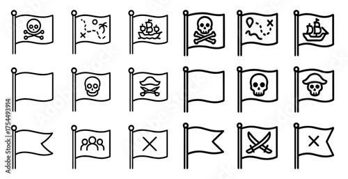 Pirate adventure outline icons set – skull, flag, treasure map symbols
