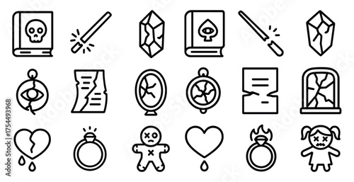 Magic and fantasy outline icons set – linear, enchanted, mystical symbols