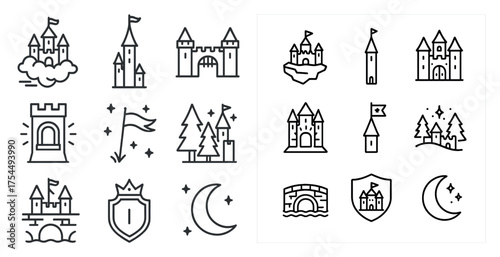 Castle and fantasy outline icons set – medieval, silhouette, fairy tale symbols