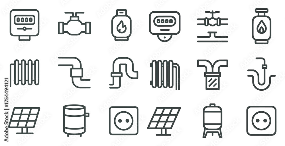Fototapeta premium Energy and utilities outline icons set – linear, plumbing, power symbols