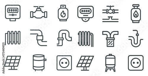 Energy and utilities outline icons set – linear, plumbing, power symbols