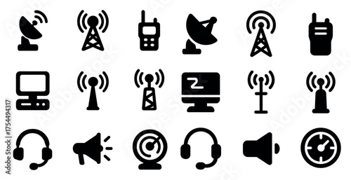 Telecommunication filled icons set – solid, communication and network symbols