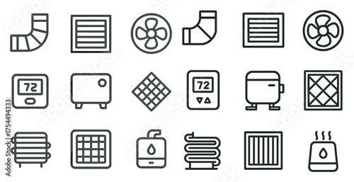 Hvac and cooling icons set – outline, line, ventilation and climate control symbols