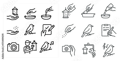 Birdwatching and feeding icons set – line, outline, nature and wildlife symbols
