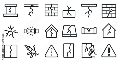 Earthquake linear icons set – line art, seismic, disaster awareness symbols