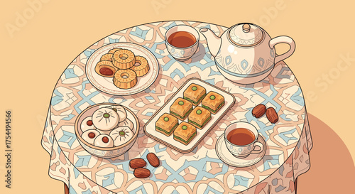 Enjoy traditional Arabic sweets and tea in an inviting setting, perfect for cultural events, Ramadan celebrations, and representing Middle Eastern hospitality