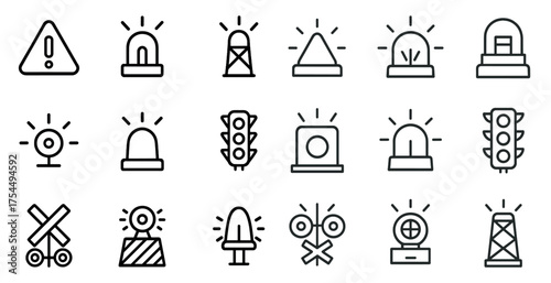 Alert and emergency outline icons set – linear, warning, safety symbols